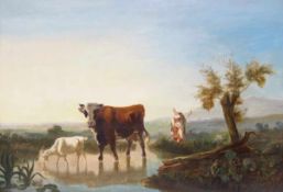 BRASCASSAT, Jacques Raymond1804-1867Hirtin mit ihrem Vieh am Flussuferzugeschrieben, Öl auf Holz, 54