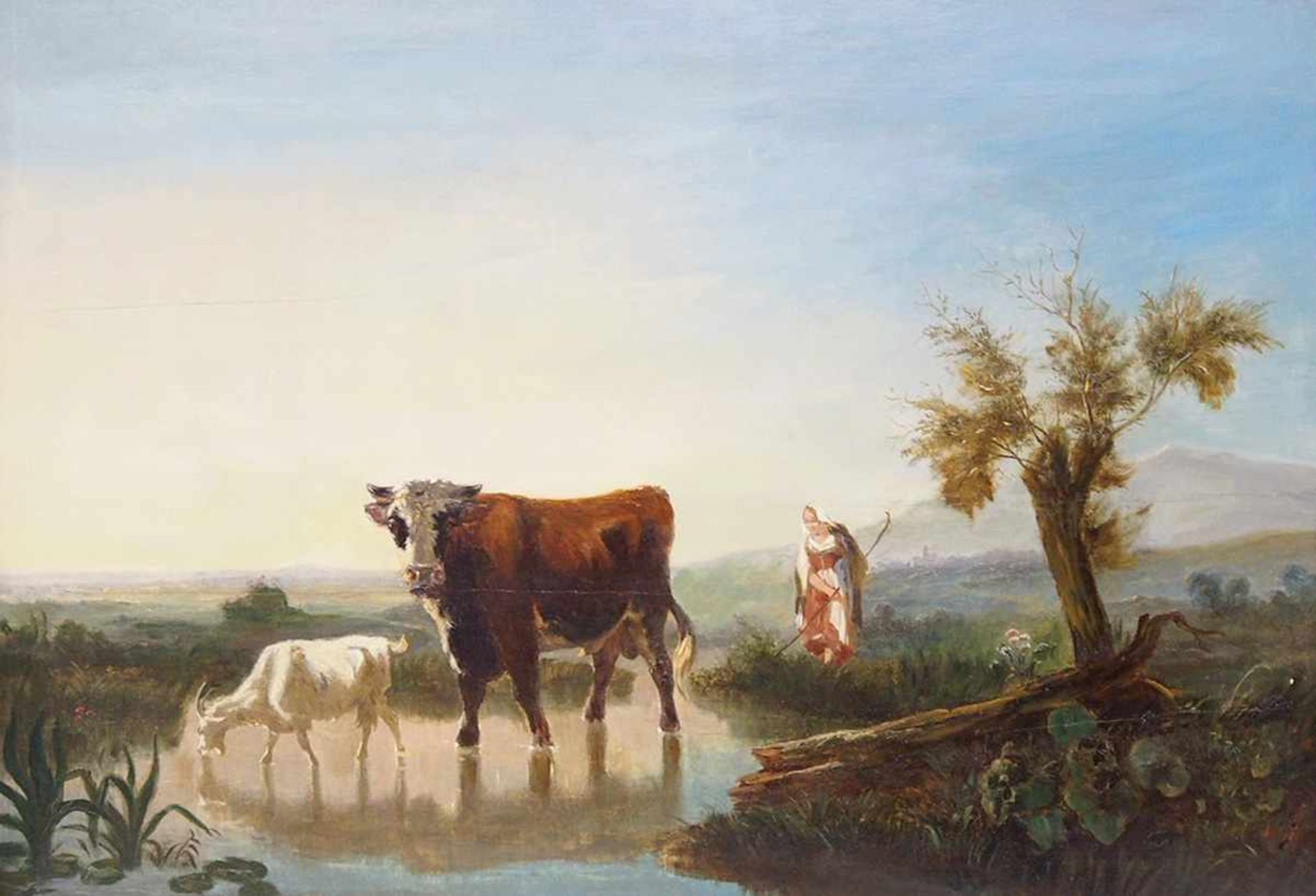 BRASCASSAT, Jacques Raymond1804-1867Hirtin mit ihrem Vieh am Flussuferzugeschrieben, Öl auf Holz, 54