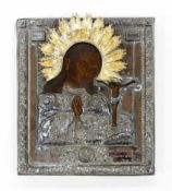 Ikone Gottesmutter AchtyrskajaTempera auf Holz, Silberoklad, partiell vergoldet, gemarkt 84, datiert