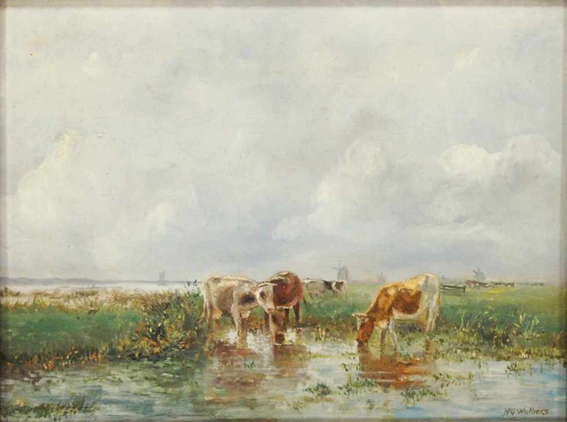 WOLBERS, Hermanus Gherardus1856-1926Kühe am WasserÖl auf Holz, signiert unten rechts, 18 x 24 cm,