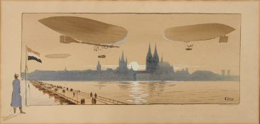 GAMY, Marguerite1878-1936Das Luftschiff Parzival über der Silhouette von KölnFarblithographie, 1909,