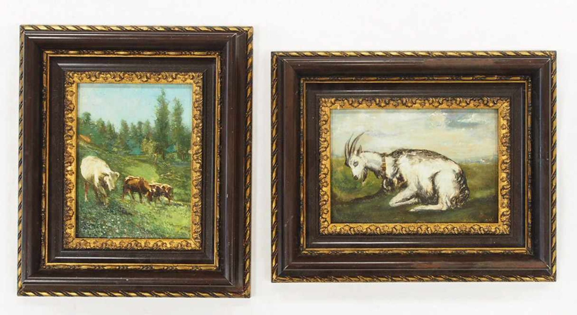 MATHEY, J.1844-1929Ziege / Kühe auf der WeideÖl auf Holz, 15 x 22 bzw. 21 x 15 cm, Rahmen