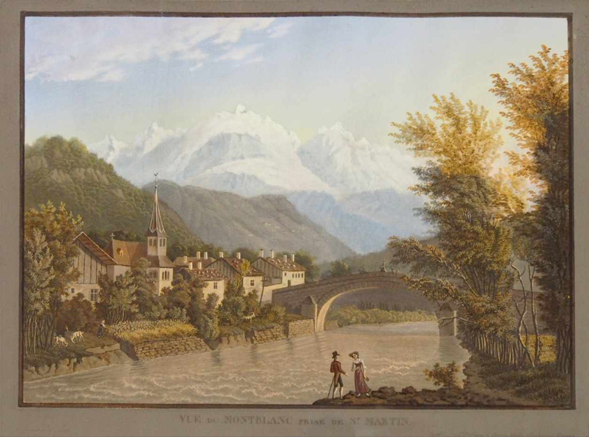 Vue du Montblanc prise de St. MartinAquatinta, handgouachiert von J.P. Lory, Bern, um 1824, 29 x