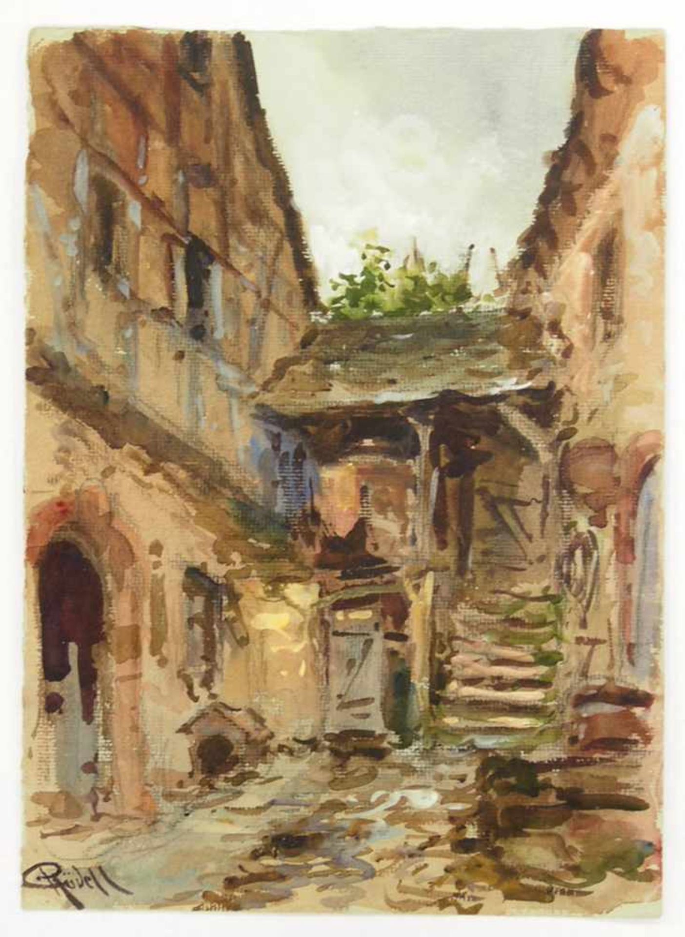 RÜDELL, Carl1855-1939Fachwerkhause mit StiegeAquarell auf Papier, signiert unten links, 48,5 x 34,