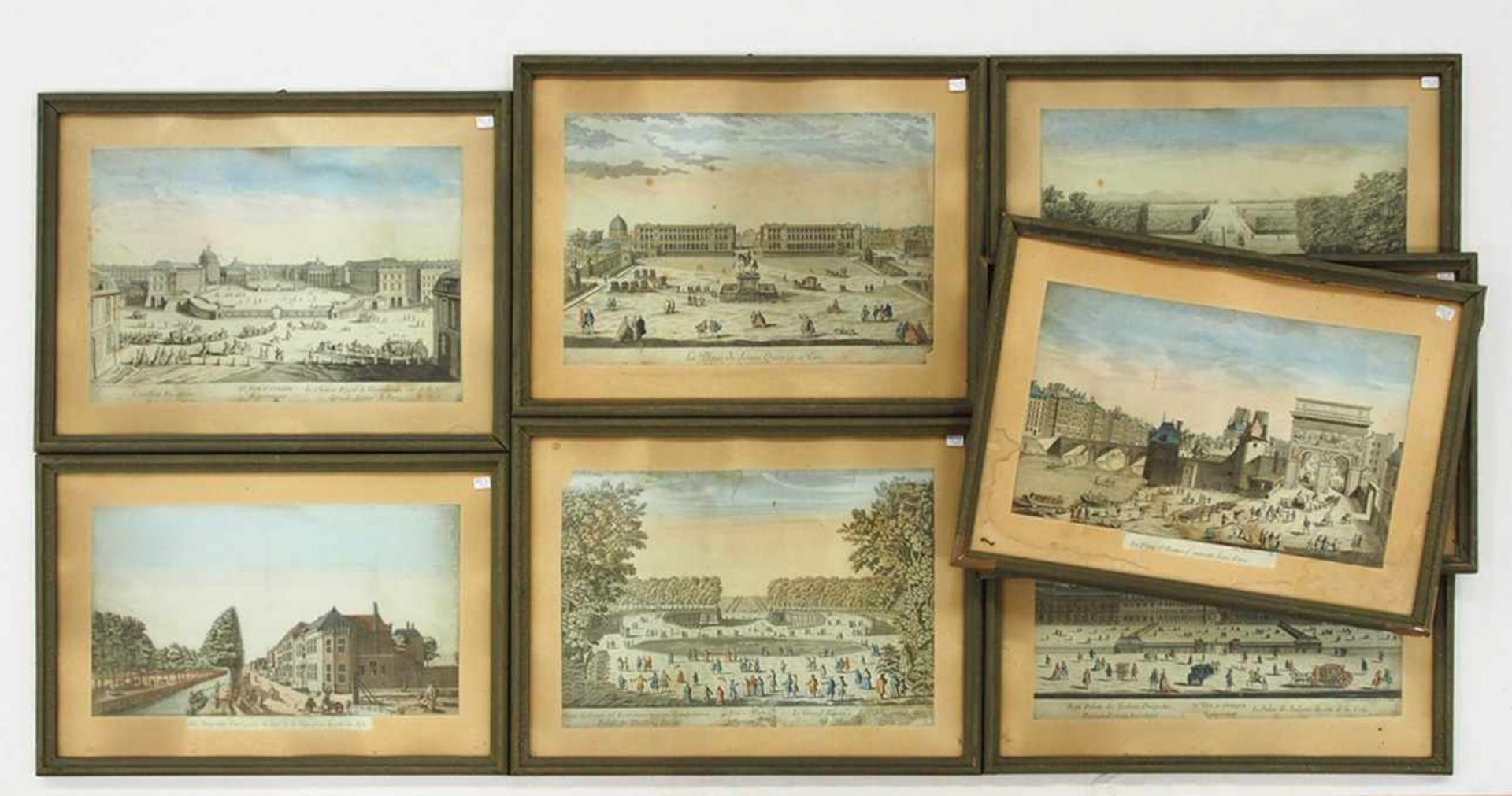 Acht Guckkastenblätter 18. Jahrhundert "Paläste und Städte in Frankreich"Kupferstiche, koloriert,