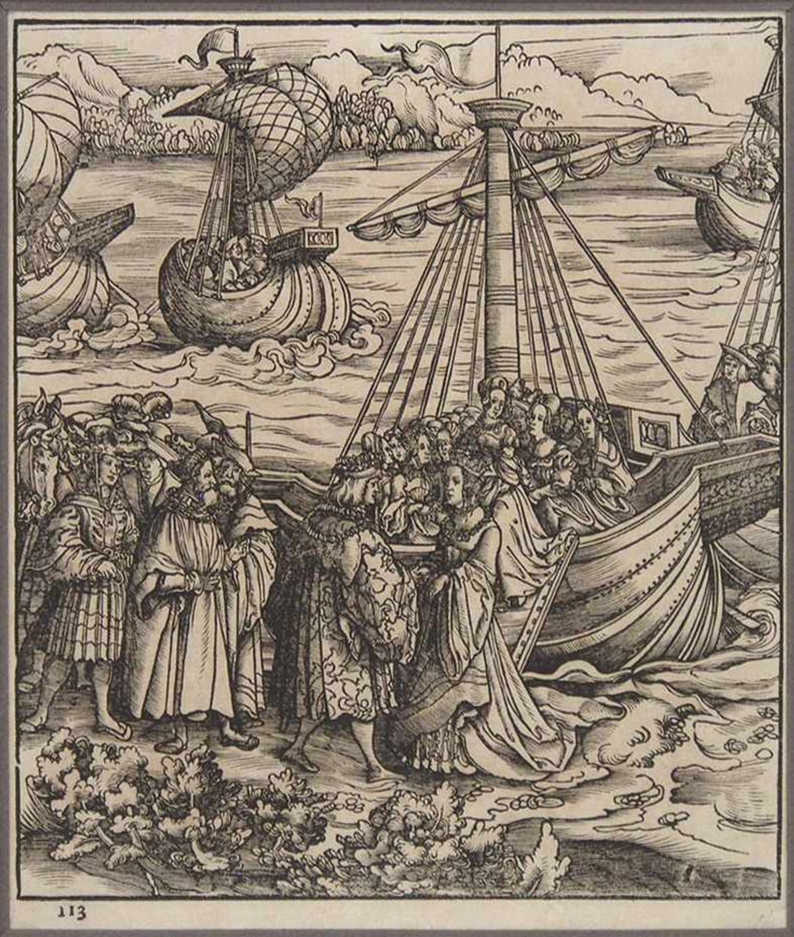 DEUTSCHER MEISTER16. Jh.Die Heilige Ursula trifft den König von Anglia und seinen SohnHolzschnitt,