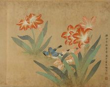 Seidenmalerei "Vögel mit Blumen"40 x 52 cm, China 18. Jahrhundert, gerahmt unter Glas und