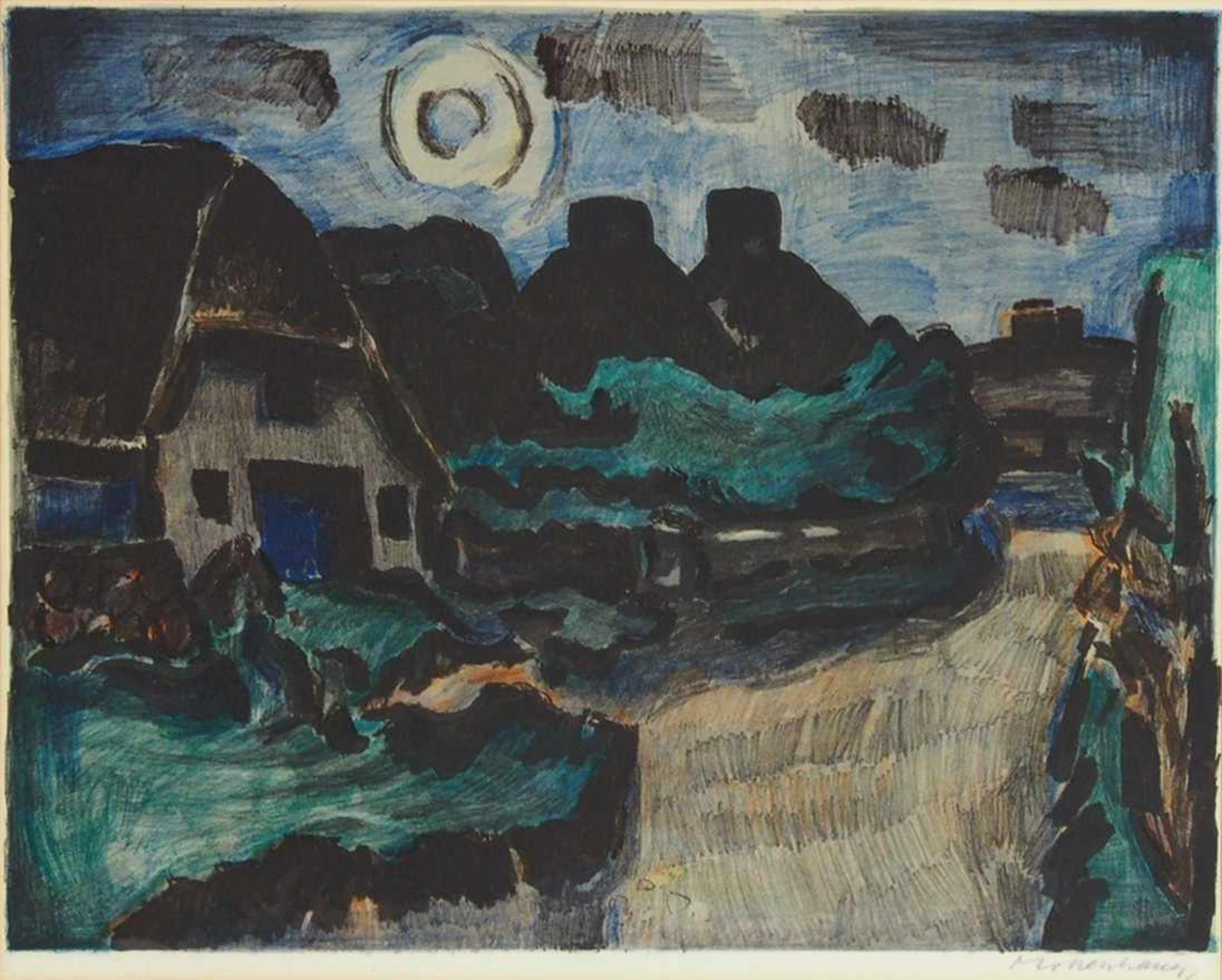 MOLLENHAUER, Ernst1891-1963Bauernhof im MondscheinFarblithographie, signiert unten rechts, 47 x 61