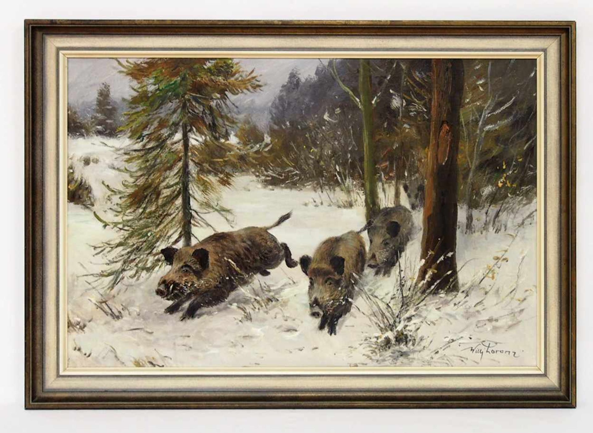 LORENZ, Willy1901-1981Wildschweinrotte im WinterwaldÖl auf Leinwand, signiert unten rechts, 59 x - Bild 2 aus 2