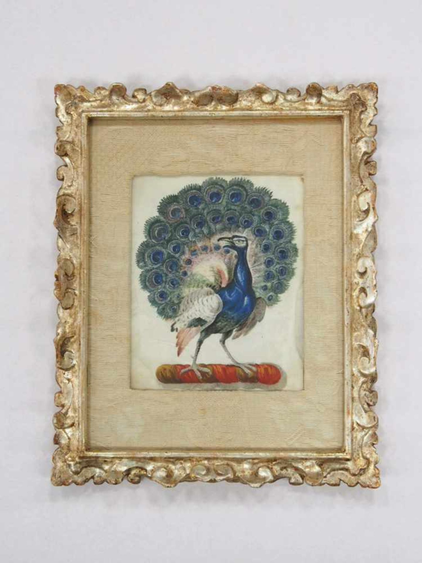 DEUTSCHER MEISTER17. Jh.PfauAquarell auf Pergament, 16 x 12,5 cm, gerahmt unter Glas und - Bild 2 aus 2