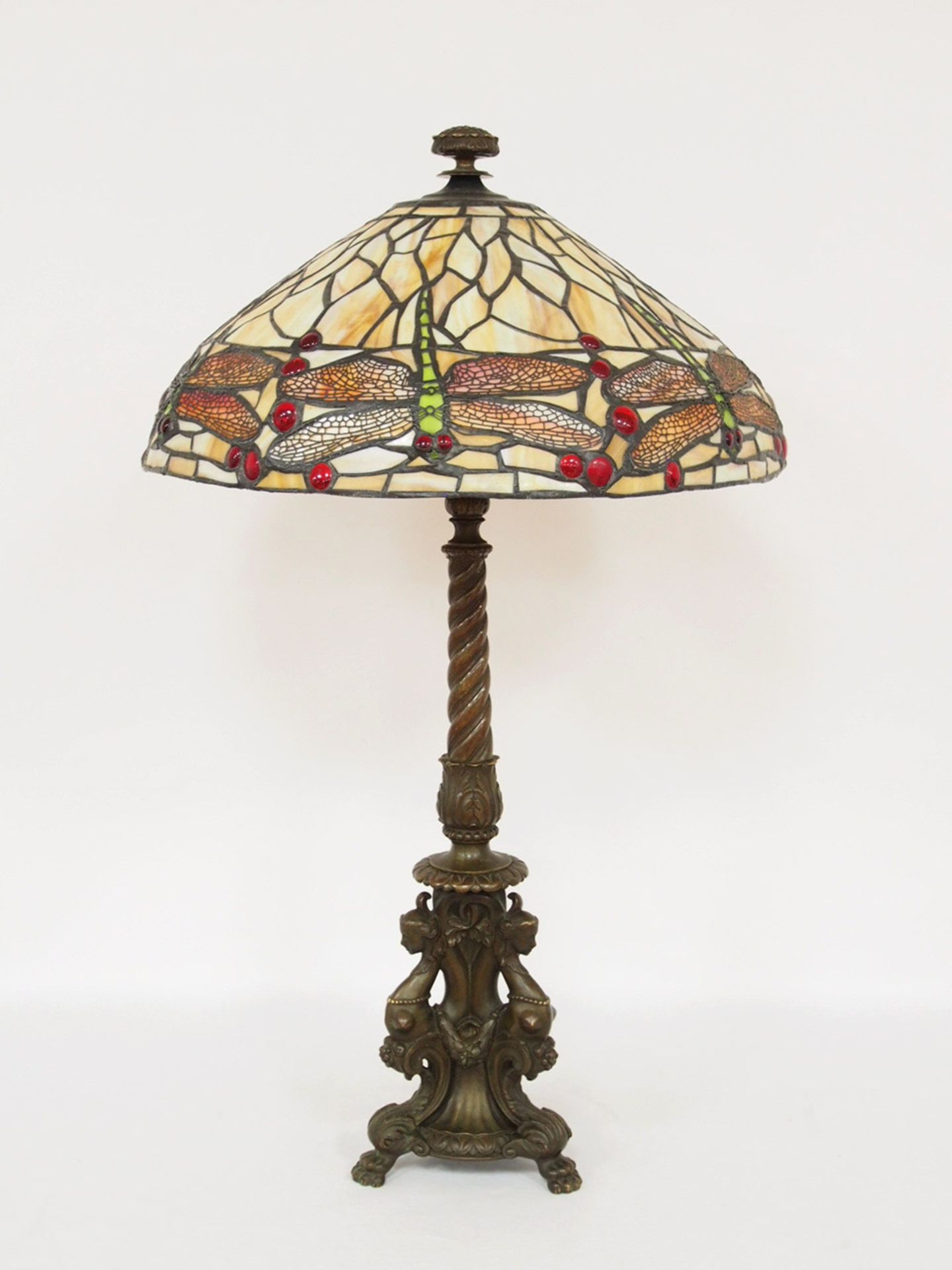 Lampefigürlicher Bronzefuß, Glasschirm im Tiffany-Stil mit Libellen, Höhe 90 cm