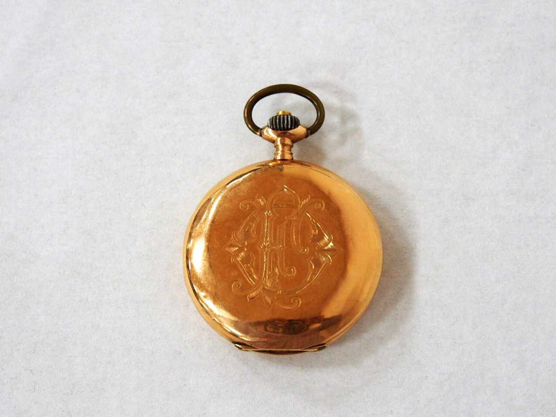 Taschenuhr585er Roségold, Staubdeckel Kupfer, Emaillezifferblatt mit arabischen Zahlen, - Bild 2 aus 2