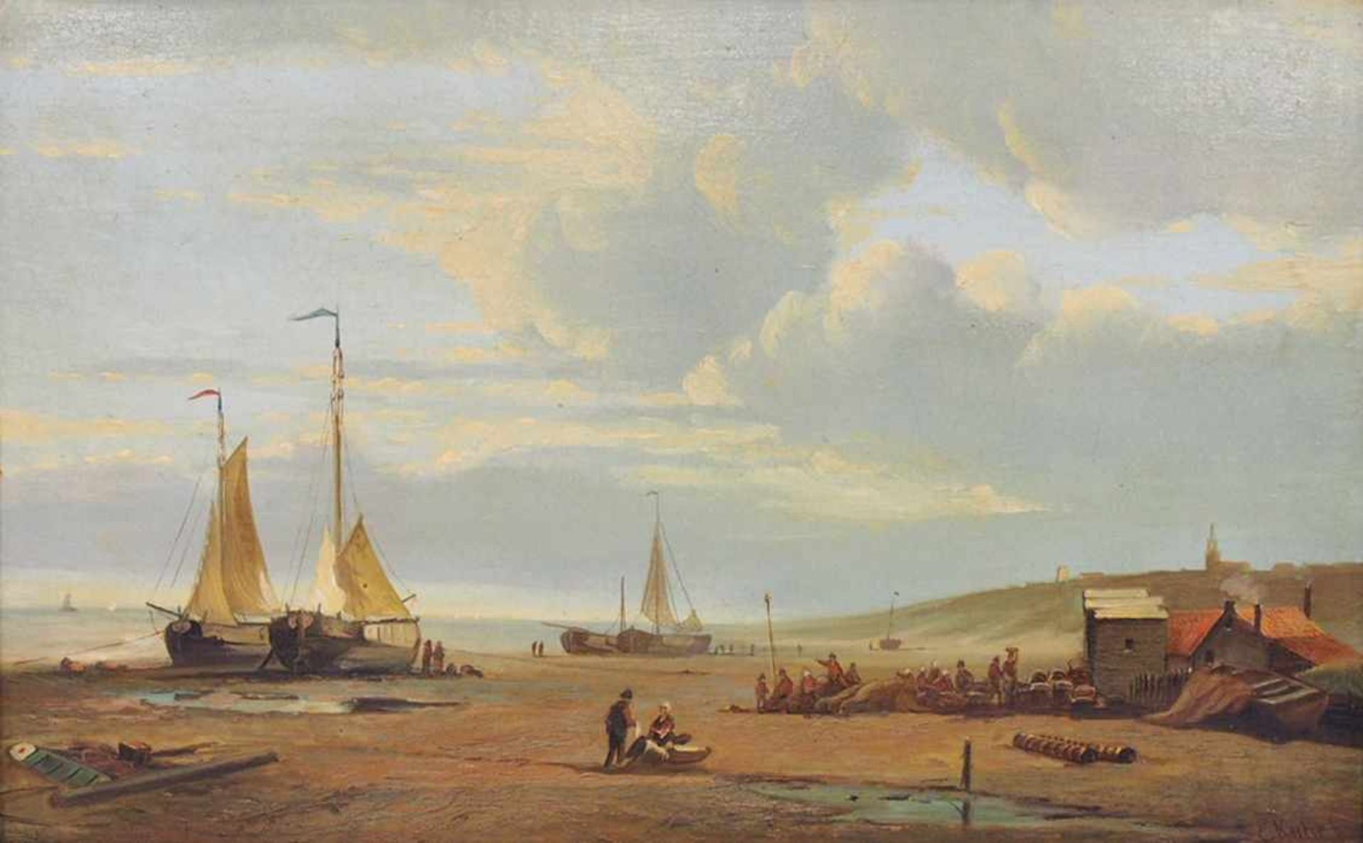 KOSTER, Everhardus1817-1892Strandansicht mit FischerbootenÖl auf Holz, signiert, 30 x 50 cm, Rahmen