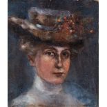 Monogrammist P.K.Um 1900. Öl/Lw. aufgezogen auf Pappe. Bildnis einer jungen Dame mit Hut, en face