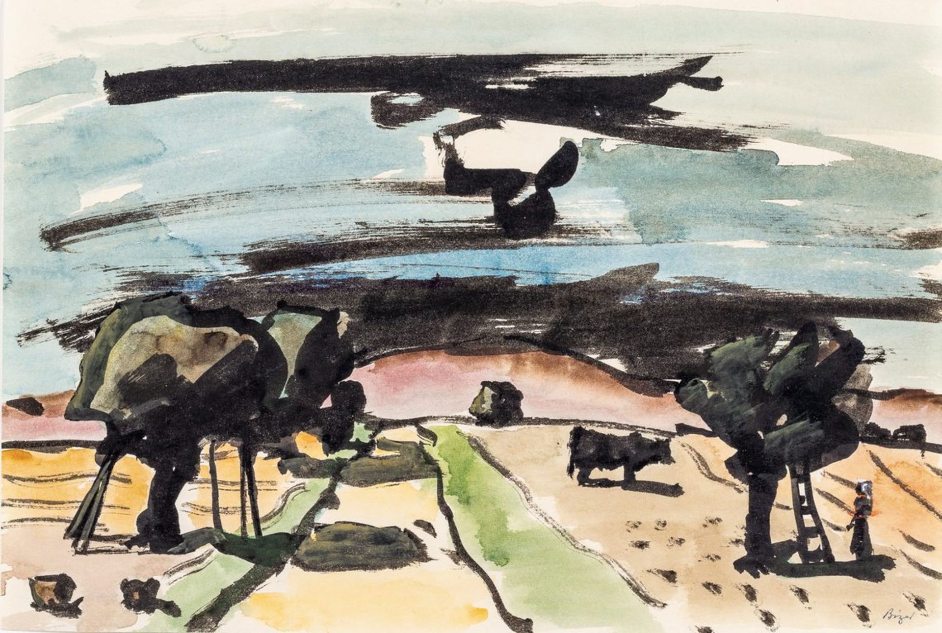 Bizer, Emil1881 Pforzheim - 1957 Badenweiler. Aquarell. Markgräfler Landschaft mit Obstbäumen und