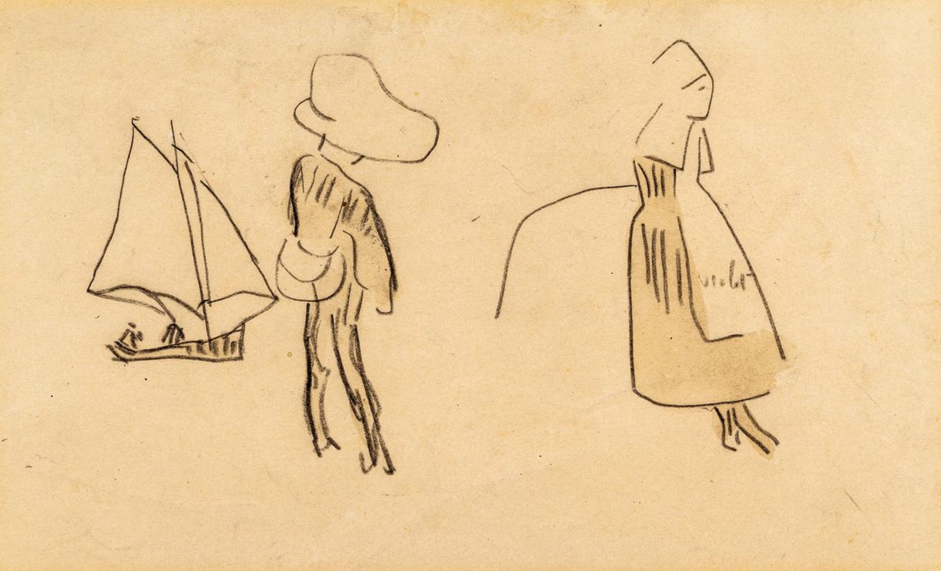 Bernard, Emile attr.1868 Lille - 1941 Paris. Kohlezeichnung, aquarelliert. Skizzen: Segelboot.