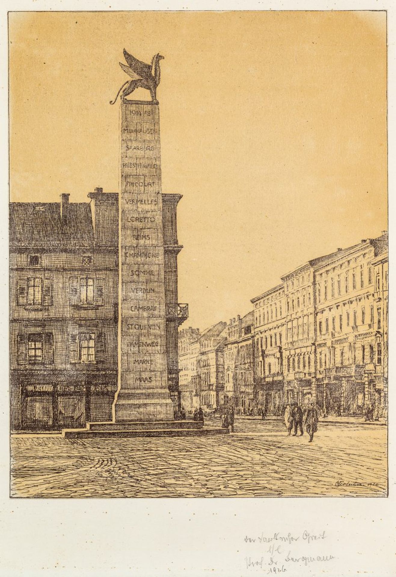 KarlsruheUm 1900. Lithogr. Das Leibgrenadierdenkmal mit dem Greif in Karlsruhe. Im Stein sign. u.