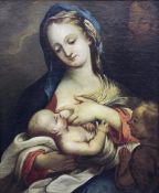 Kirchenmaler18. Jh. Öl/Lw. Maria Lactans umgeben von Johannes dem Täufer und Engeln. (Doubl., rest.,