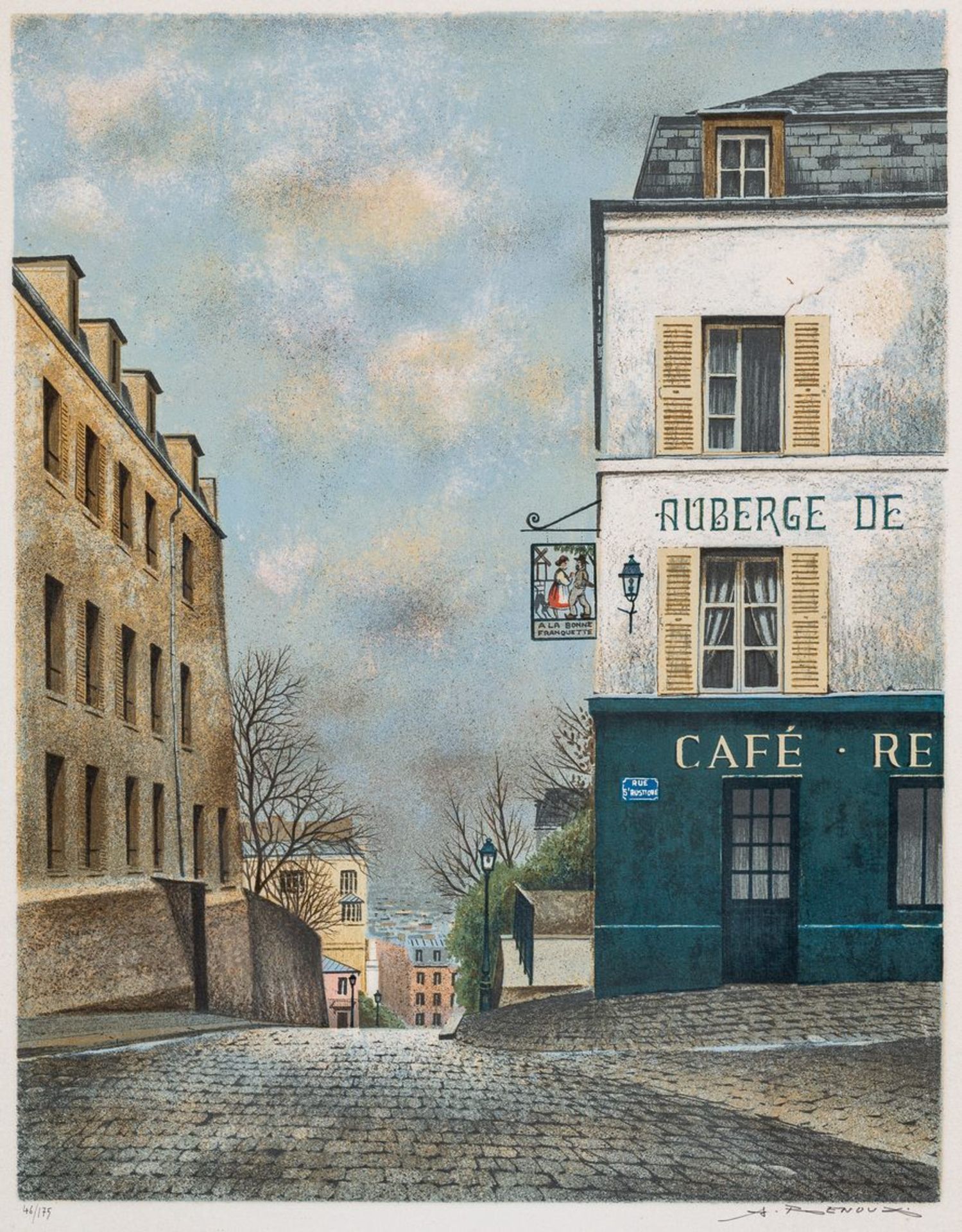 Renoux, André1939 Oran/Algerien - 2002 Paris. Farblithogr. Blick auf die Rue Saint Rustique am