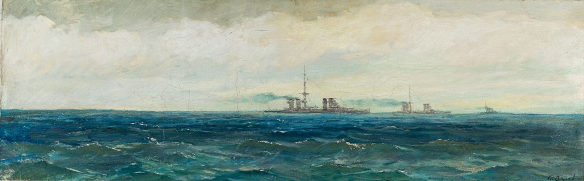 Vjalov, K.Um 1900. Öl/Malpappe. Zwei Seestücke. Kriegsschiffe auf hoher See. Jeweils u.r. sign. (
