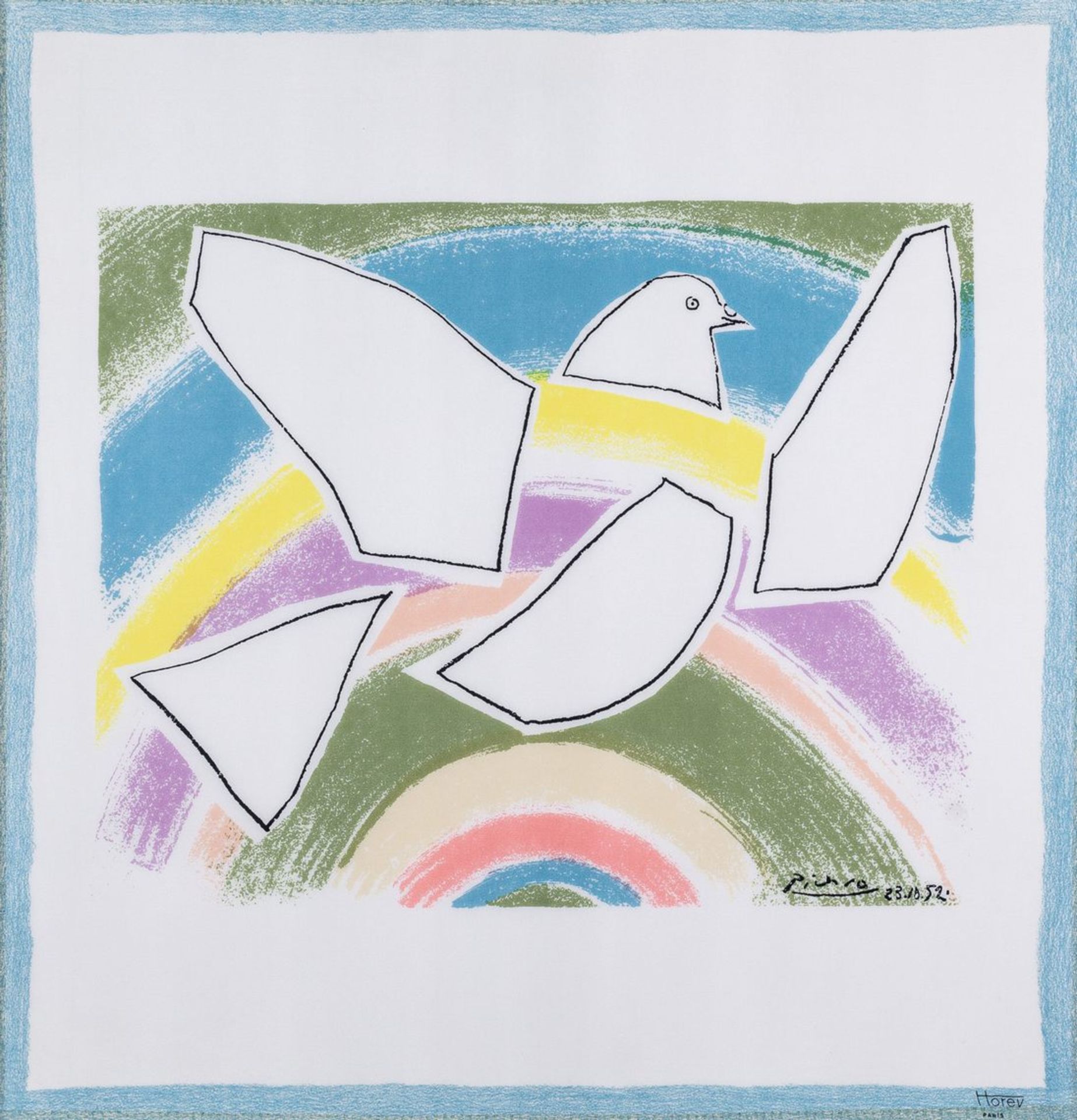 Picasso, Pablo1881 Malaga - 1973 Mougins. Seidenschal, aufgez. Fliegende Taube im Regenbogen. U.r.