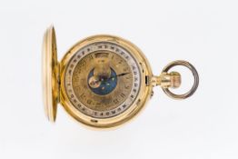 Astronomische TaschenuhrGG, 585. Seltene, doppelseitige Uhr. Unter Glas ein weißes