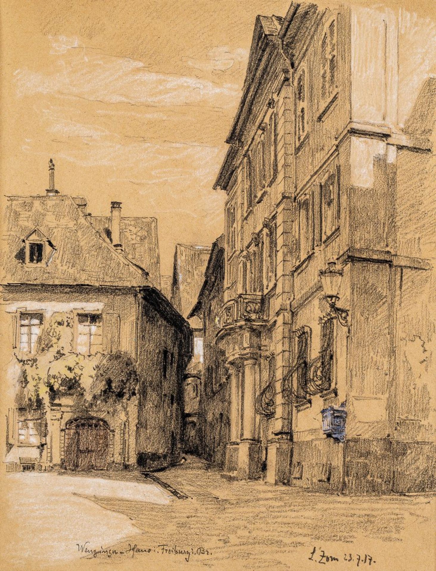 Zorn, Ludwig1865 Wertheim - 1921 Freiburg. Kohlezeichnung. Blick auf das Wenzinger Haus in Freiburg.