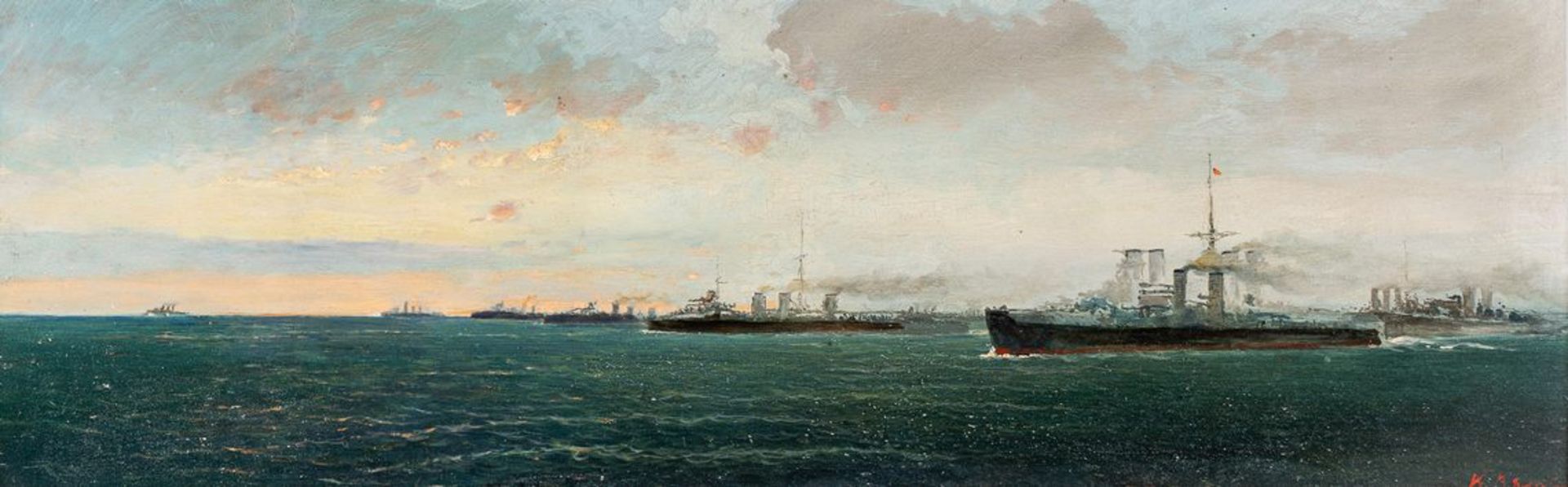 Vjalov, K.Um 1900. Öl/Malpappe. Zwei Seestücke. Kriegsschiffe auf hoher See. Jeweils u.r. sign. ( - Bild 2 aus 2