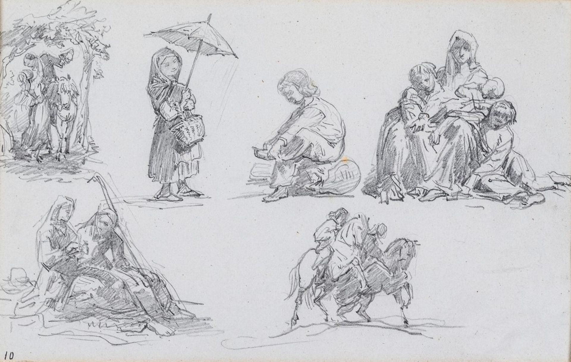 Französischer Zeichner19. Jh. Sechs Bleistiftskizzen auf einem Blatt. Reiter. Madonna. Liebespaar.