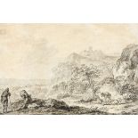 Berchem, Nicolaes Umkreis17. Jh. Tusch-, Bleistiftzeichnung. Weite, felsige Landschaft mit auf einer