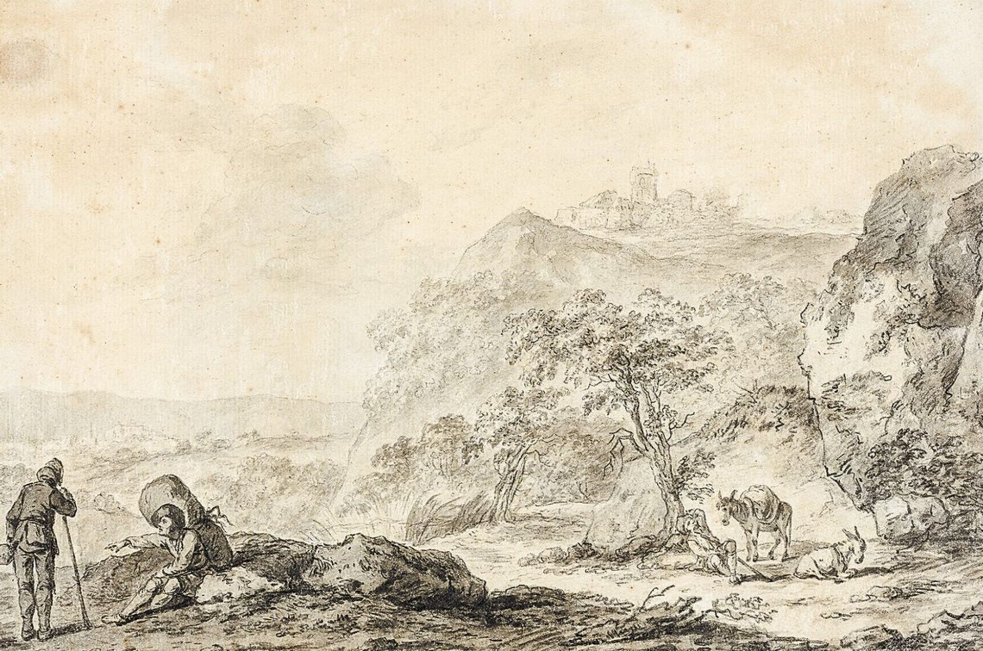 Berchem, Nicolaes Umkreis17. Jh. Tusch-, Bleistiftzeichnung. Weite, felsige Landschaft mit auf einer