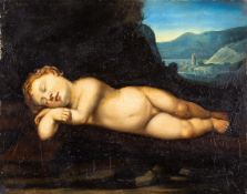 Falcini, CarloWar tätig um 1839 in Florenz. Öl/Holz. Auf dem Holzkreuz schlafender Jesusknabe. Im