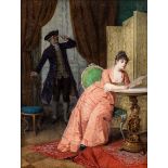 Genremaler19. Jh. Öl/Lw. Interieur mit am Tisch lesender, elegant gekleideter Dame, hinter ihr ein