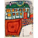 Hundertwasser, Friedensreich1928 Wien - 2000. Japanischer Farbholzschnitt in 20 Farben, Goldauflage.