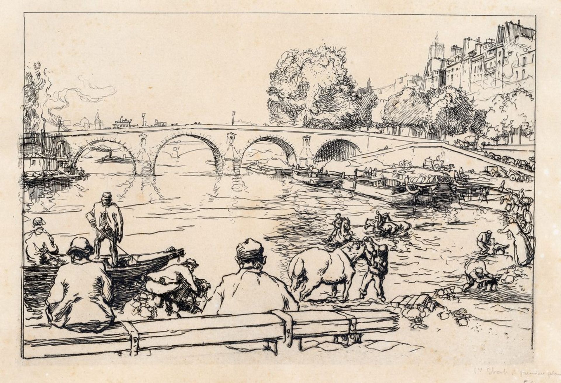 Lepère, Auguste Louis1849 Paris - 1918 Domme. Radierung. Badende mit Pferde am Ufer der Seine mit