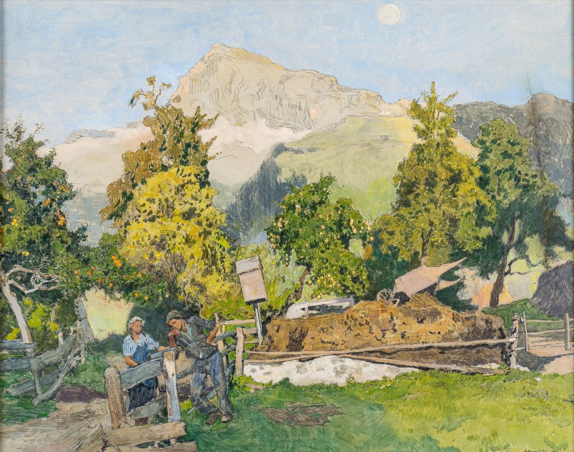 Landschafter1. Hälfte 20. Jh. Mischtechnik. Sommerliche, bergige Landschaft mit Obstgärten und mit