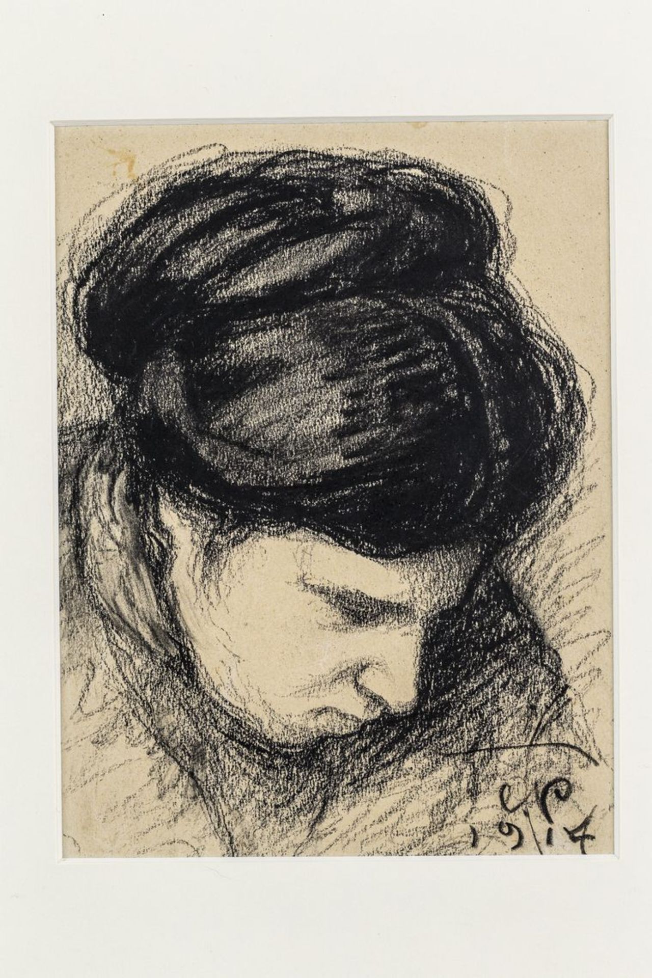 Pescatori, EmilUm 1900. Kohlezeichnung. Bildnis einer Frau mit nach vorn geneigtem Kopf. U.r.