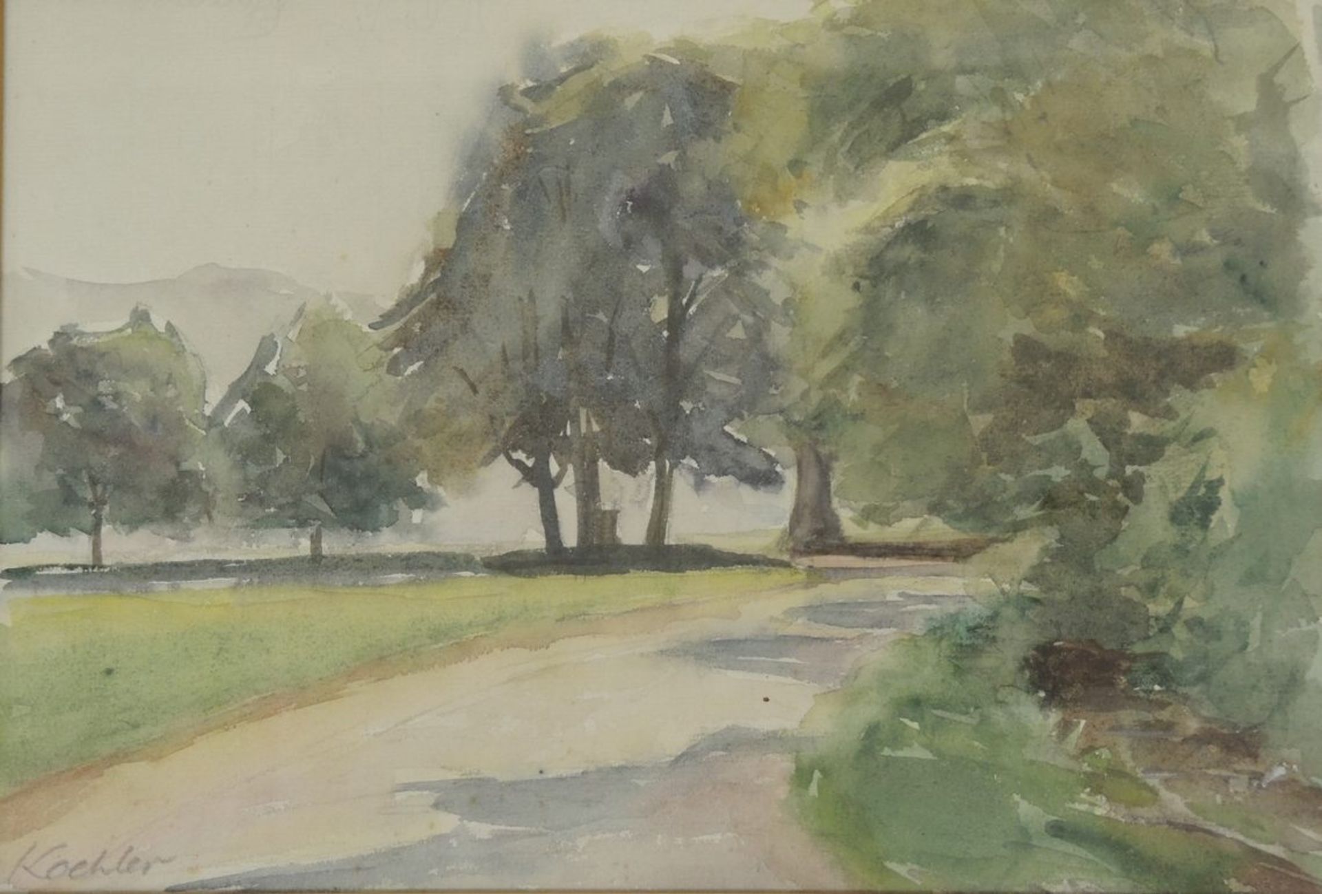 Köhler, Hendrik1893 Freiburg - 1975 ebd. Aquarell. Sonnenbeschienener, baumbestandener Weg. U.l. mit