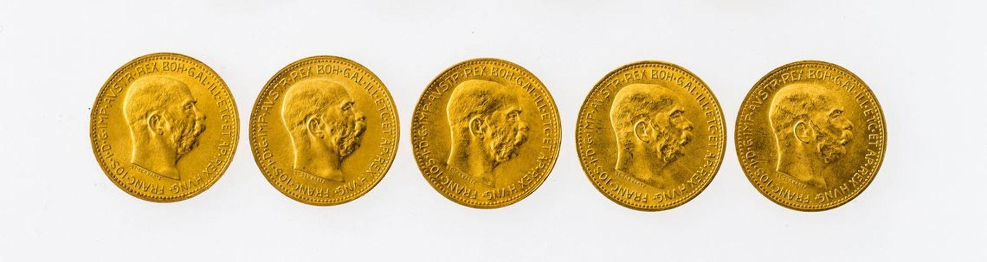 Österreich5 x 20 Kronen 1915. GG 900, insgesamt 33,85 g.
