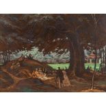Hettich, M.Um 1900. Pastell. Weite, sommerliche Parklandschaft mit Spaziergänger und Picknick-