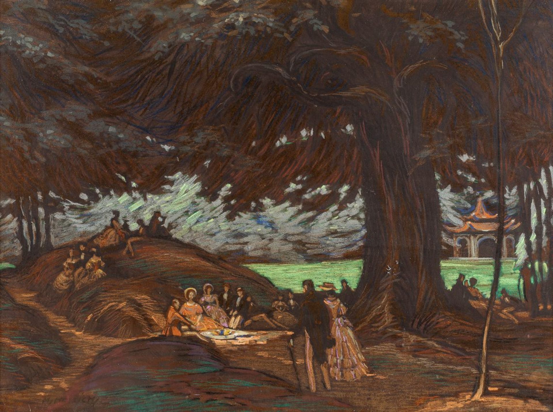 Hettich, M.Um 1900. Pastell. Weite, sommerliche Parklandschaft mit Spaziergänger und Picknick-