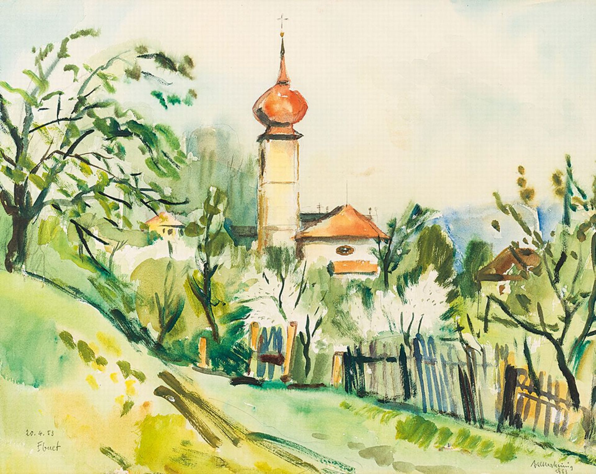 Meinig, Walther1902 Dresden - 1987 Freiburg. Aquarell. Blick auf "Ebnet". U.r. mit Bleistift sign.