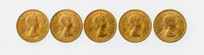 Großbritannien5 x Sovereign 1958. GG 916, insgesamt 39,94 g.