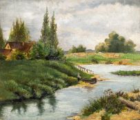 LandschafterUm 1900. Öl/Hartfaser. Sommerliche Flusslandschaft mit Gehöft und baumbestandenem