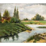 LandschafterUm 1900. Öl/Hartfaser. Sommerliche Flusslandschaft mit Gehöft und baumbestandenem