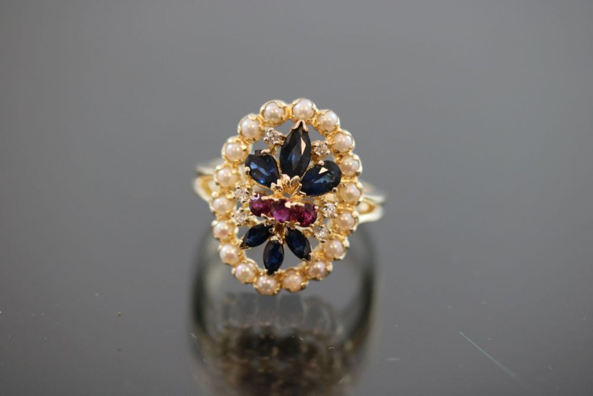 Diamant-Saphir-Rubin-Ring, 585 Gold