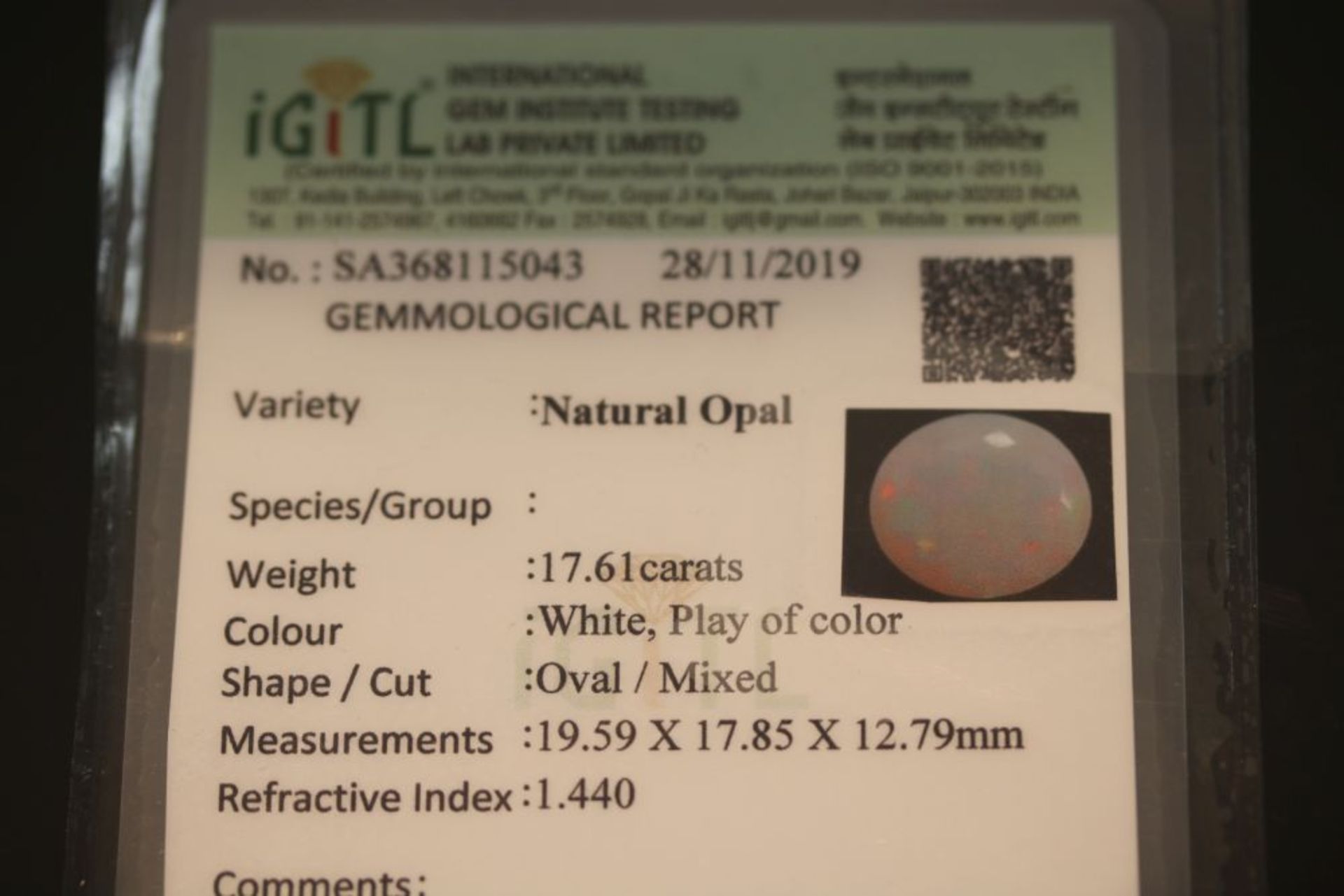 1 loser Opal, 17,61 ct., Abmessungen: 19,59 x 17,85 x 12,79 mm. Mit Original iGiTL Report: - Bild 3 aus 3