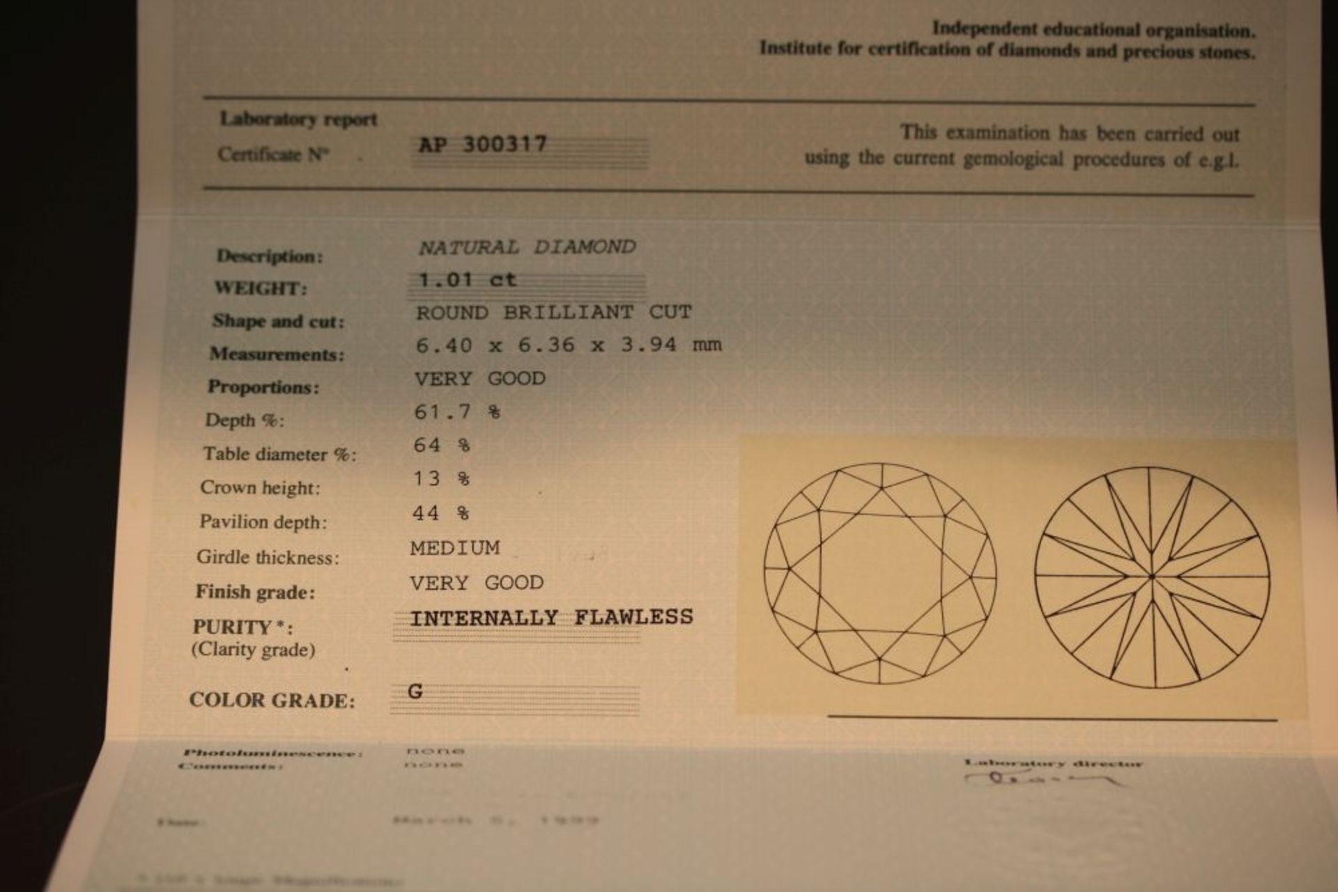 1 loser Brillant, 1 Brillant, 1,01 ct., tw/if. - Bild 3 aus 3