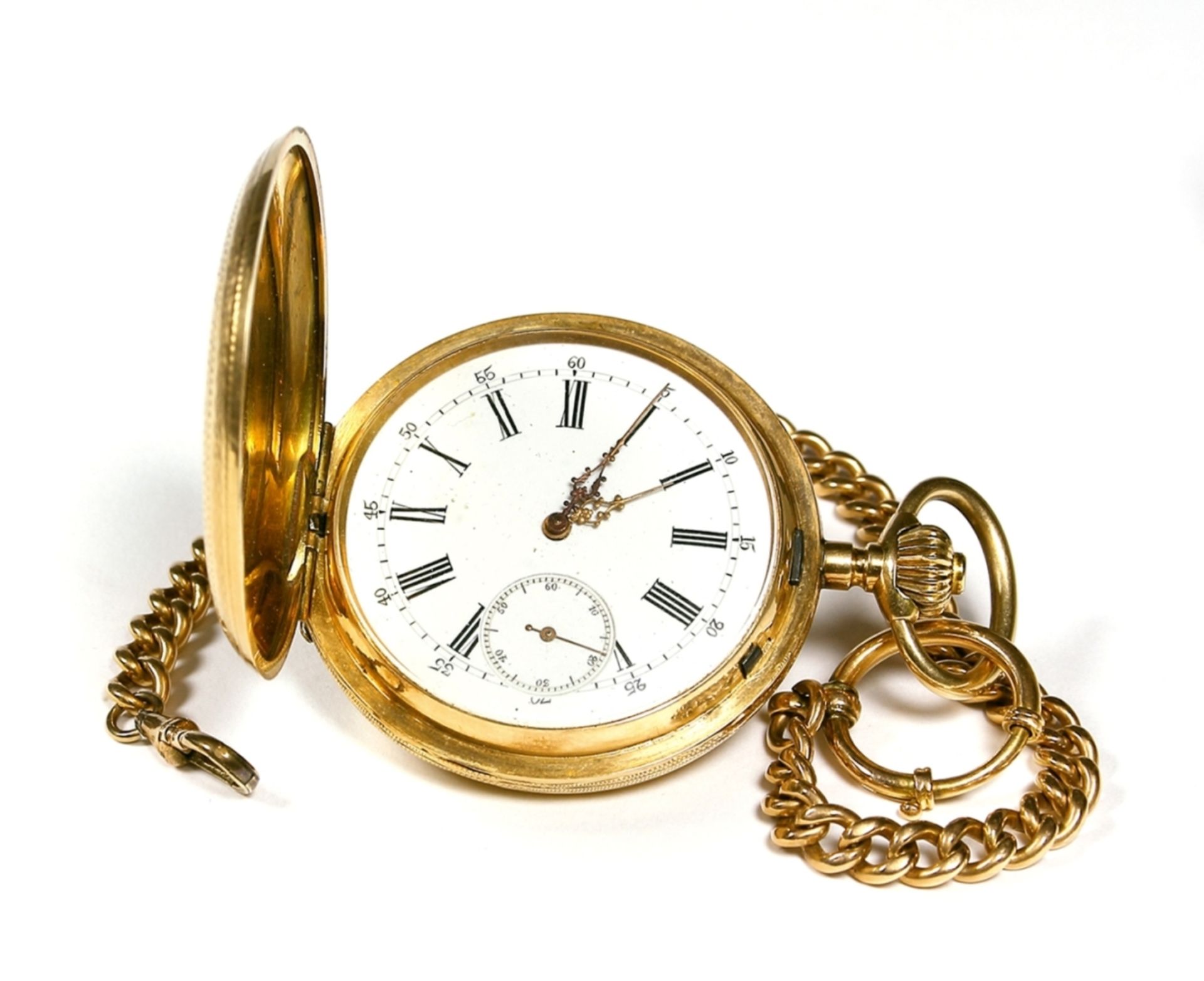 Taschenuhr, Savonnette mit Kette, 585er GG. Ancre, um 1900