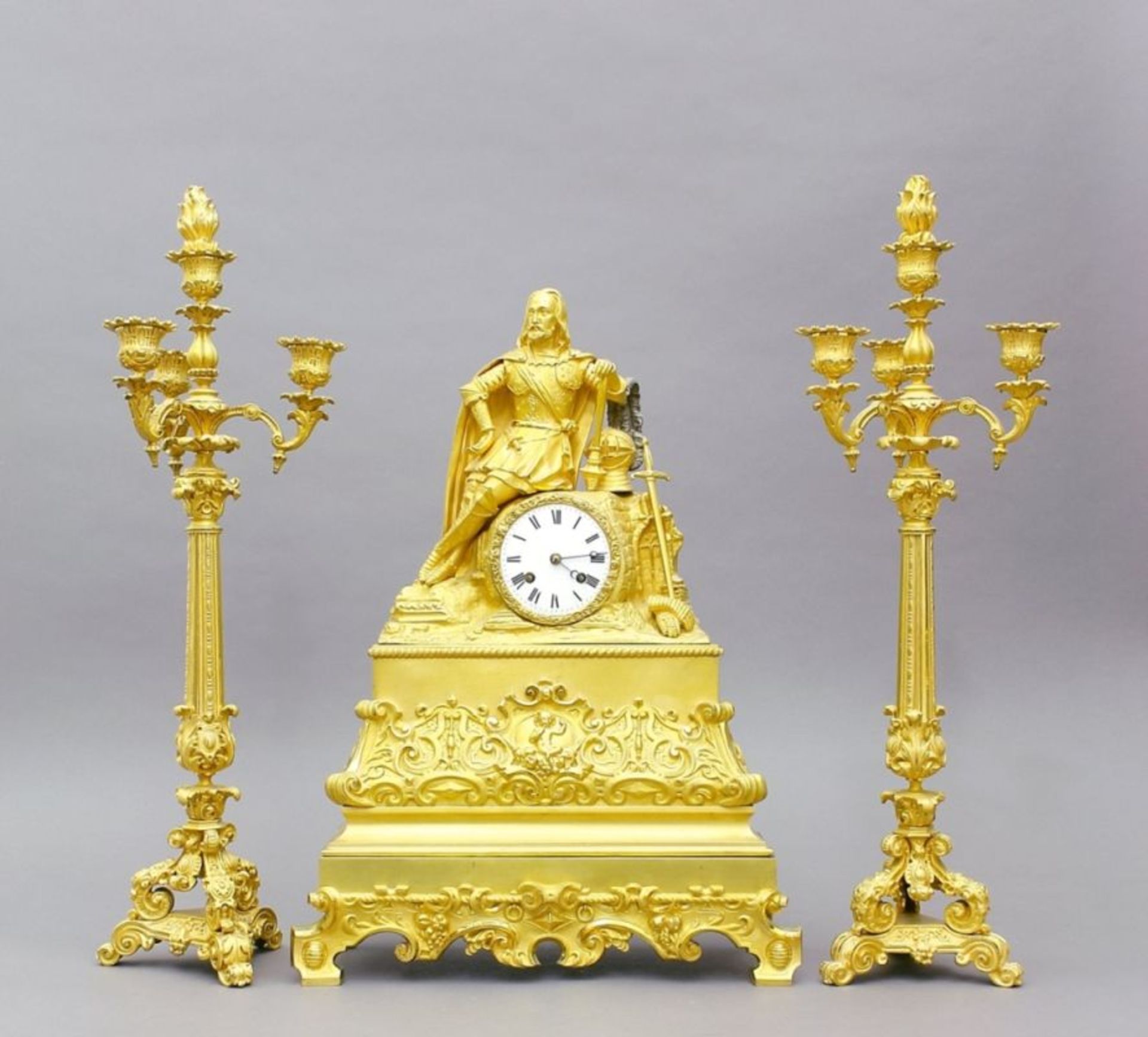 Uhr, Kamin-Set, Pendule und Paar Kerzenleuchter, Frankreich, um 1840